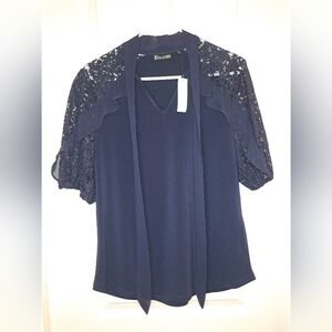 NWT New York & Company Navy Lace Bow Detail Blouse Size Medium (8-10)